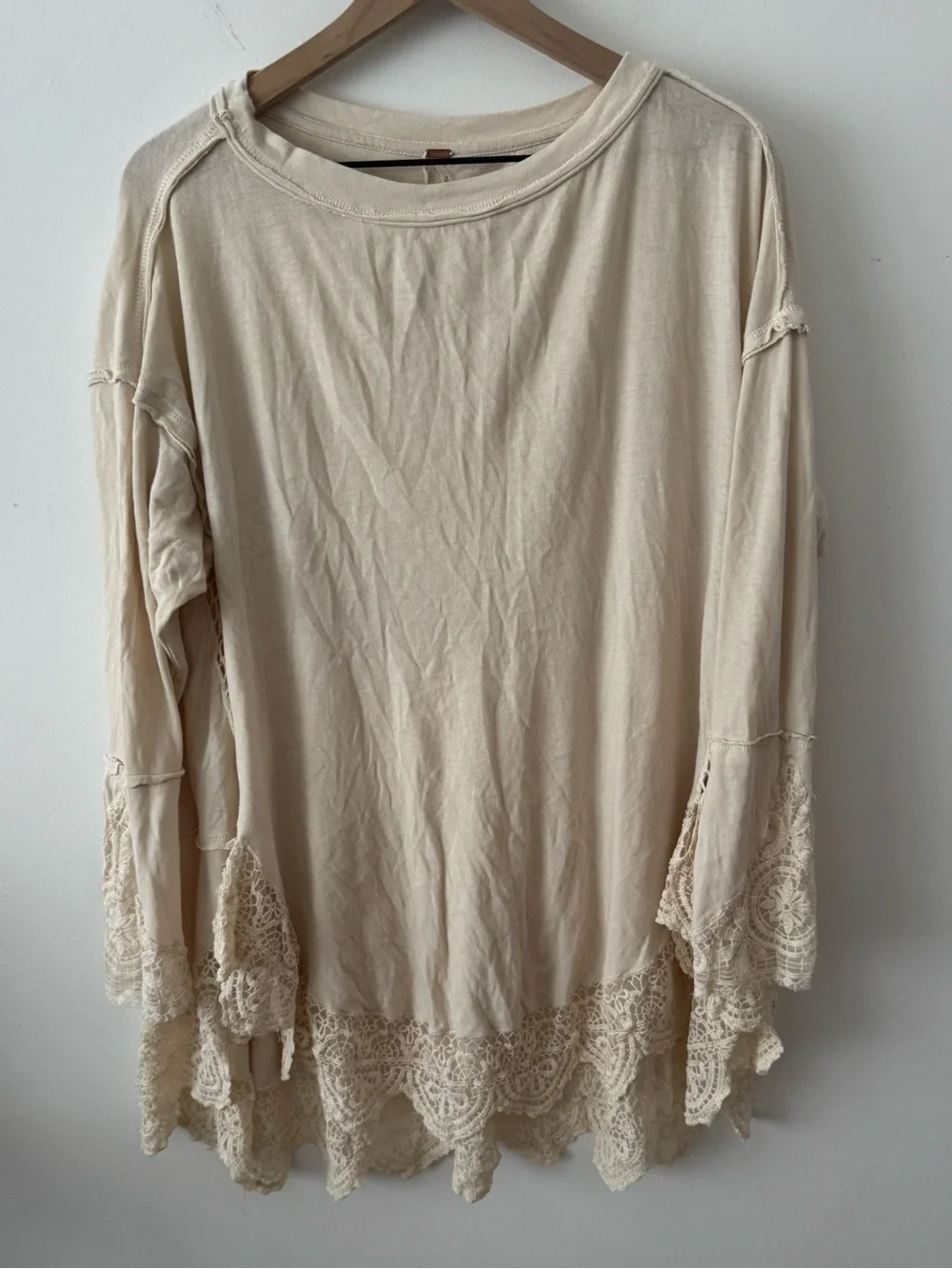 Free People Cream Lace-Trim Long Sleeve Tee